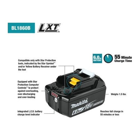 Makita Makita LXT Power Tool Battery, 6.0Ah, Lithium-Ion, 18V, 55 Min Charge Time BL1860B